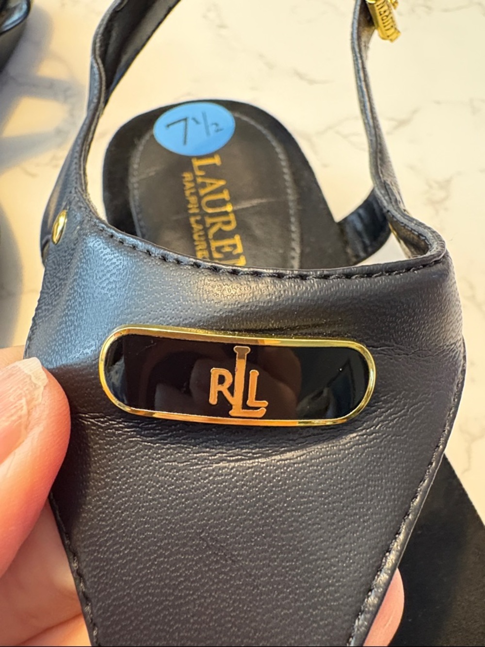 Lauren Ralph Lauren NWT Black T-Strap Sandals with Gold Accent size 7.5 Kacy - Picture 7 of 8